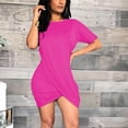 thumbnail image 2 of Lovzfmll Short Sleeve Solid Waist-Cinched Round Neck Bodycon Mini Dress for Women Relaxed Fit Crew Neck Hot Pink, XL, 2 of 9