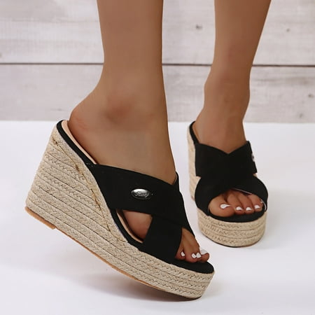 

Womens Fashion Wedges Platform Slip On Shoes Open Toe Cross Flax Weave Slippers Note Please Buy One Or Two Sizes Larger