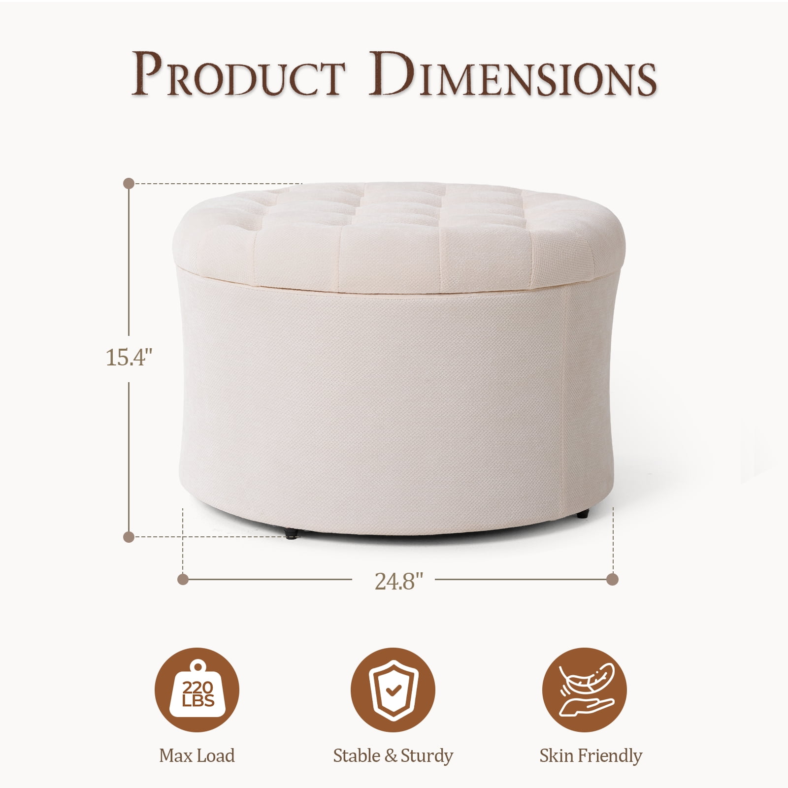 Dovov 25" Tufted Round Ottoman with Storage, Large Storage Ottoman Footrest Flip Top Foot Stool, 220lbs Capacity, Beige