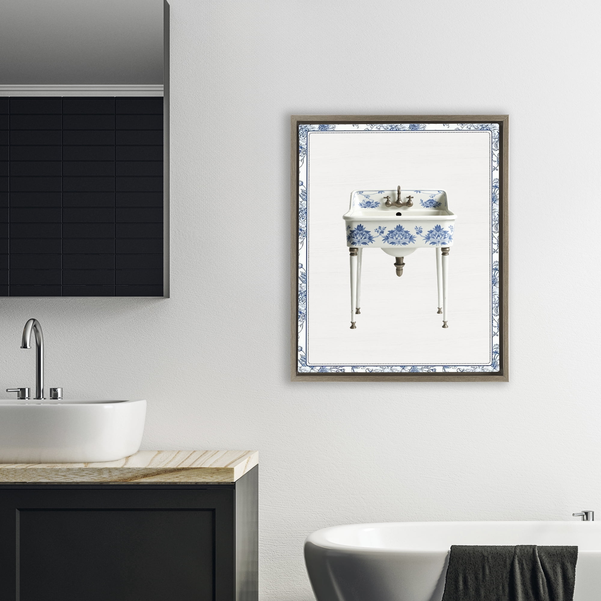 Vintage Chinoiserie Sink Brown Framed Floater Canvas Wall Art, design by Lettered and Lined