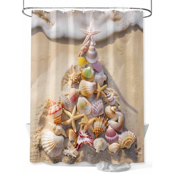 Coastal Christmas Tree Long Shower Curtain Set, Waterproof Shower Curtains for Bathroom, Beach Nautical Seaside Xmas Washable Fabric Cloth Bath Curtain for Bathtub Decoration with Hooks 72x84 Inches