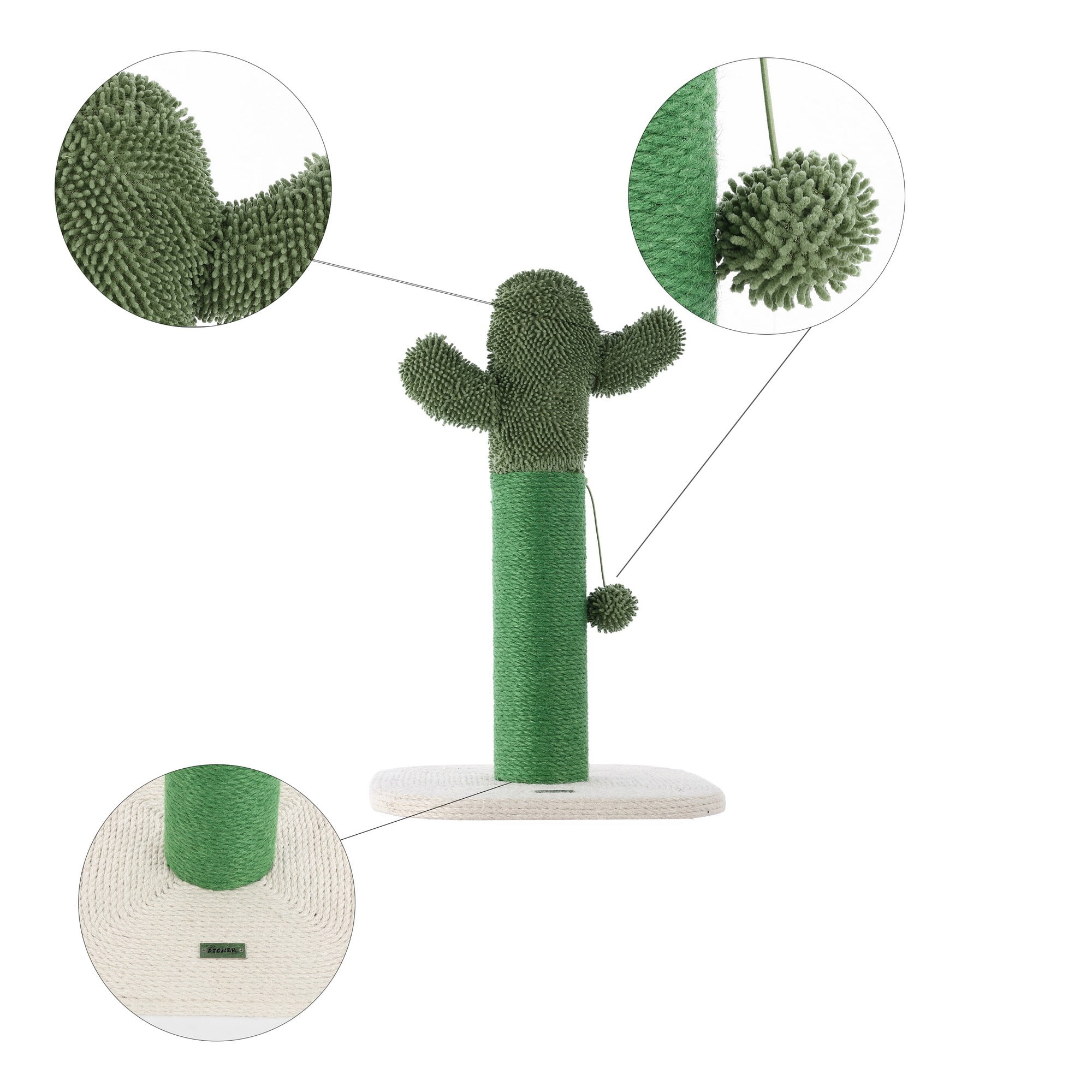 THE LICKER STORE Pecos 21" Modern Jute Cactus Cat Scratching Post with Fuzzy Toy, Green/White, CTR1000A