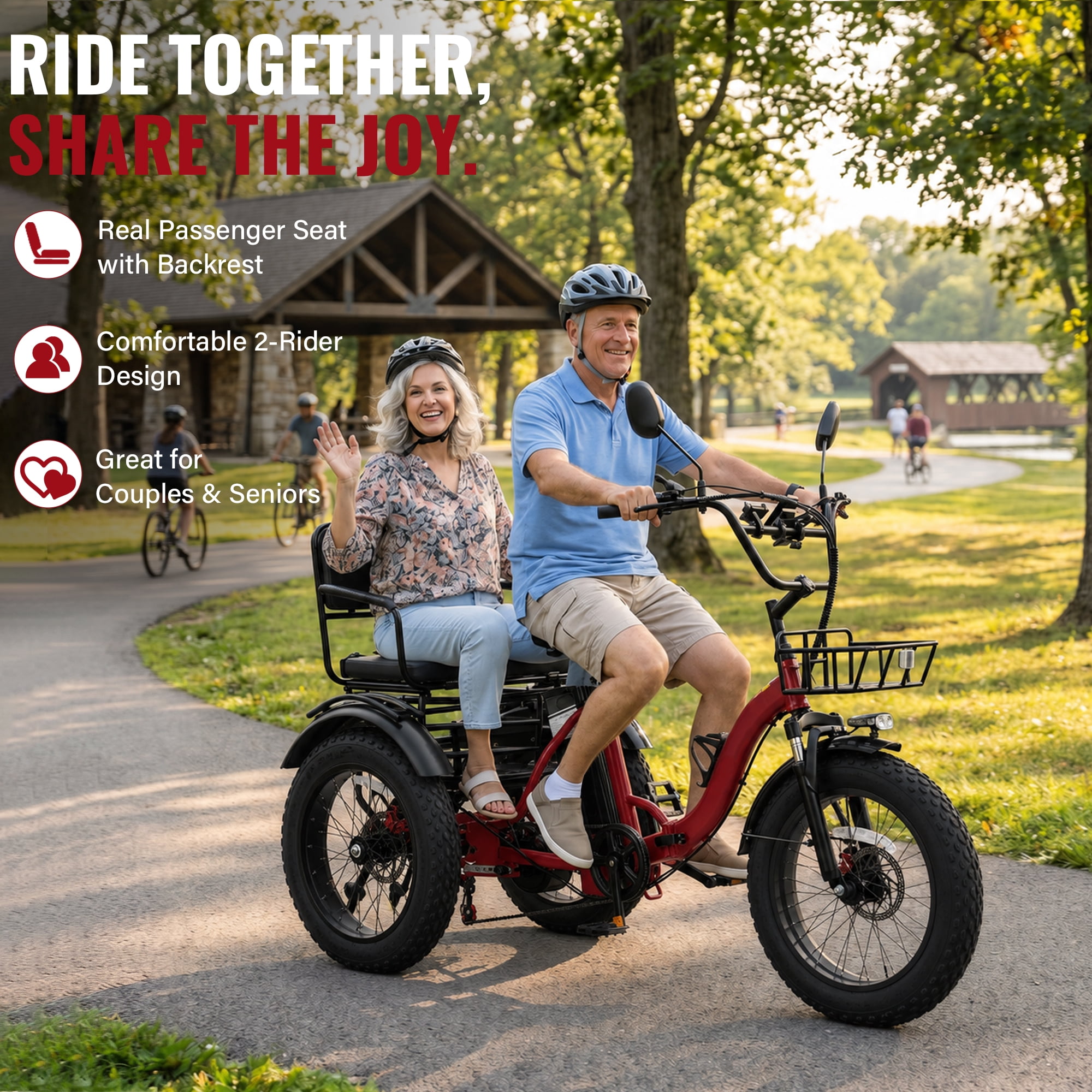 Broobey Two-Seater Electric Tricycle for Adults, 750W 3 Wheel Electric Trike with 48V 15.6Ah Removable Battery, Up to 18.6 MPH, 20" x 4.0 Fat Tires, Passenger Seat, Rear Basket