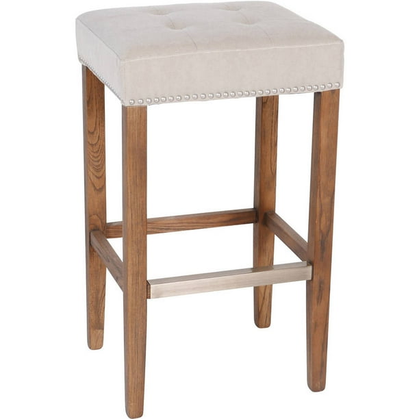 Nashville Bar Stool, Nailhead Beige, 30", Solid Oak