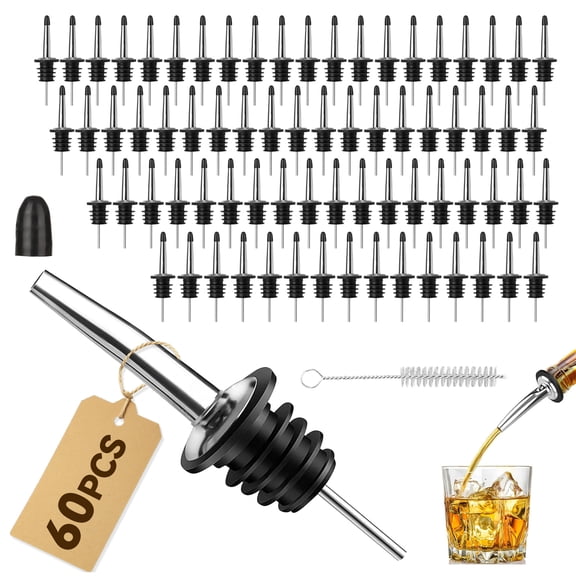 60 Pack Stainless Steel Liquor Bottle Pour Spouts with Dust Caps, Oil Vinegar Wine Pourers for Bar & Home Use