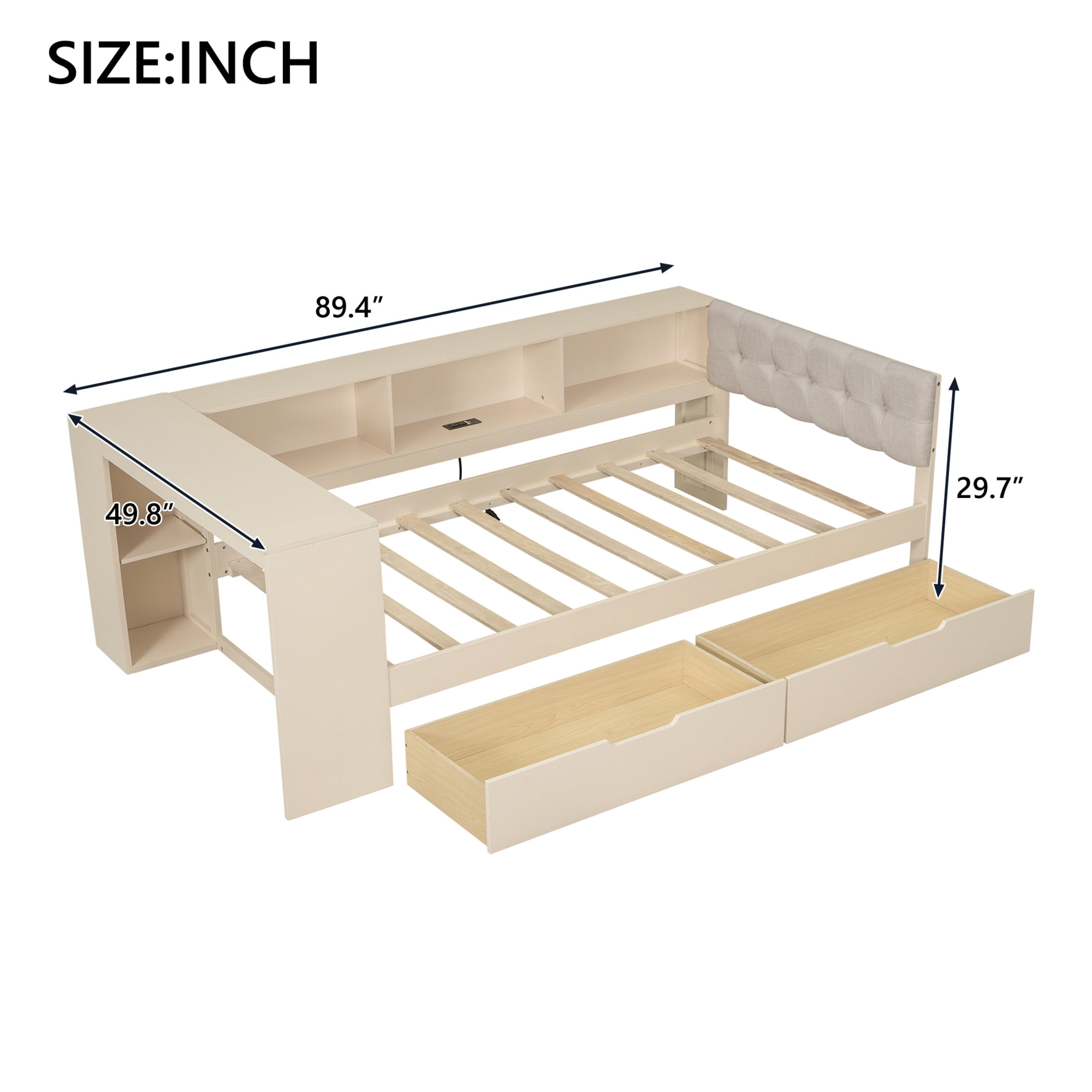 Noble House Udolf Twin Platform Bed with Upholstered Headboard, Storage Shelves and Drawers, Charging Station, Cream