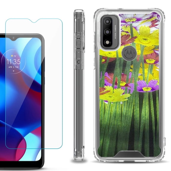 Shockproof Bumper Phone Case for Motorola Moto G Pure, with Tempered Glass Screen Protector, by OneToughShield ® - Dream Flower