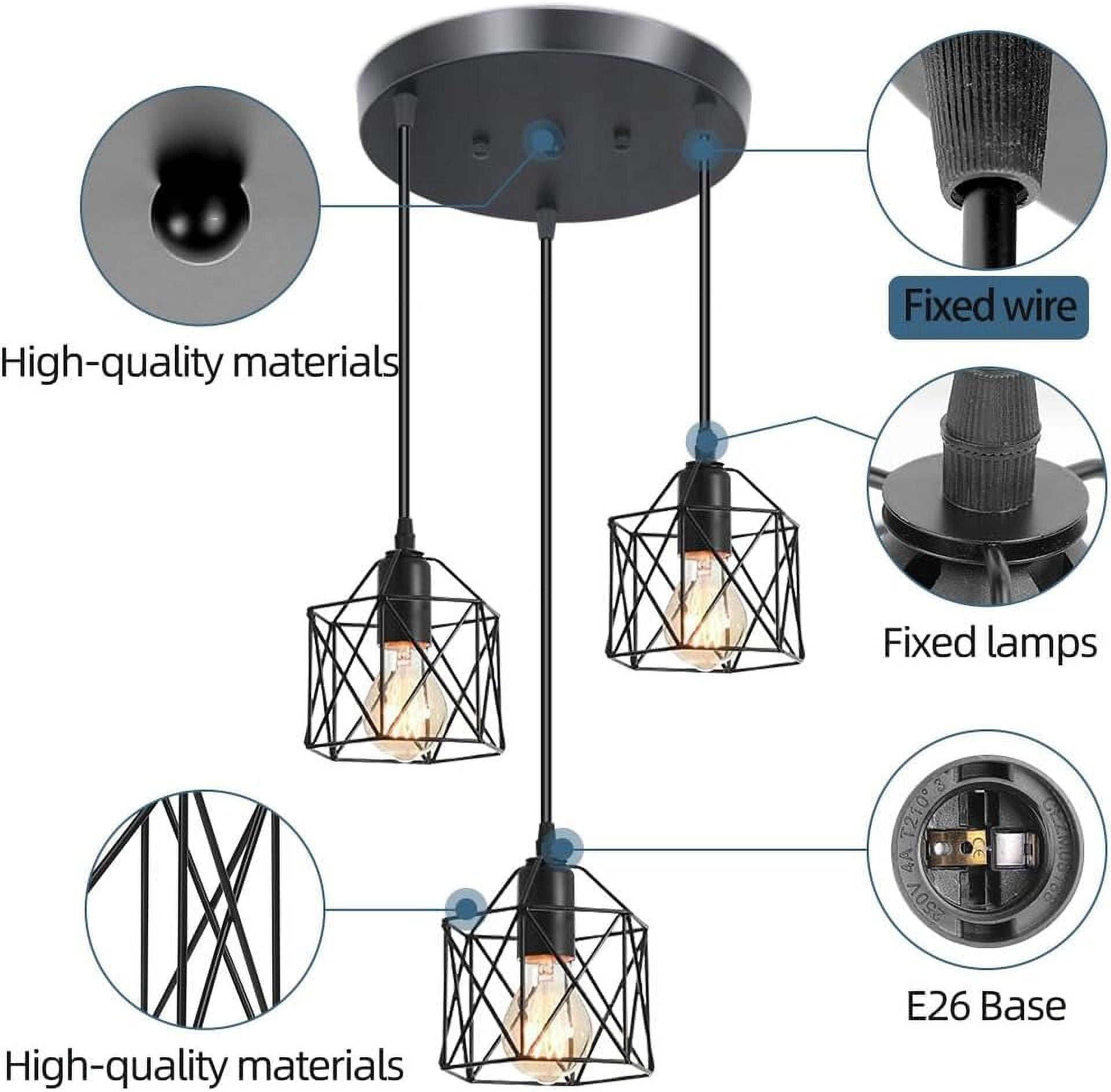 3-Light Pendant Light Fixtures, Farmhouse Hanging Pendant Lighting, Dining Room Chandelier, Industrial Kitchen Island Hanging Light Fixture, Black Metal Cage Pendant Ceiling Lamp for Kitchen