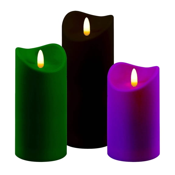 LumaBase Battery Operated LED Green, Purple & Black Candles - Set of 3