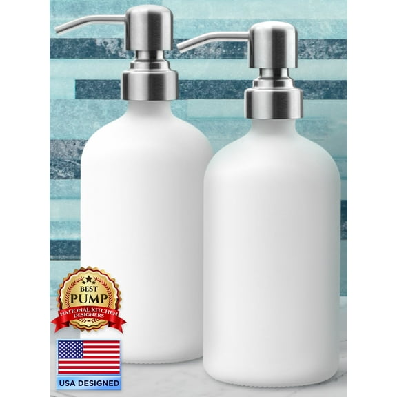 Soap Dispenser Set (2 Pack, White), Stylish Glass Bottles W/ Stainless Steel Pumps, Liquid Hand Soap Dispensers by LavaPop