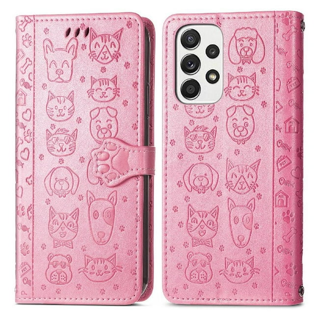 Funda Cartera FOXDOCK para Samsung Galaxy A53 5G , Flip PU con Relieve de Gatos y Perros, Tarjetero y Soporte