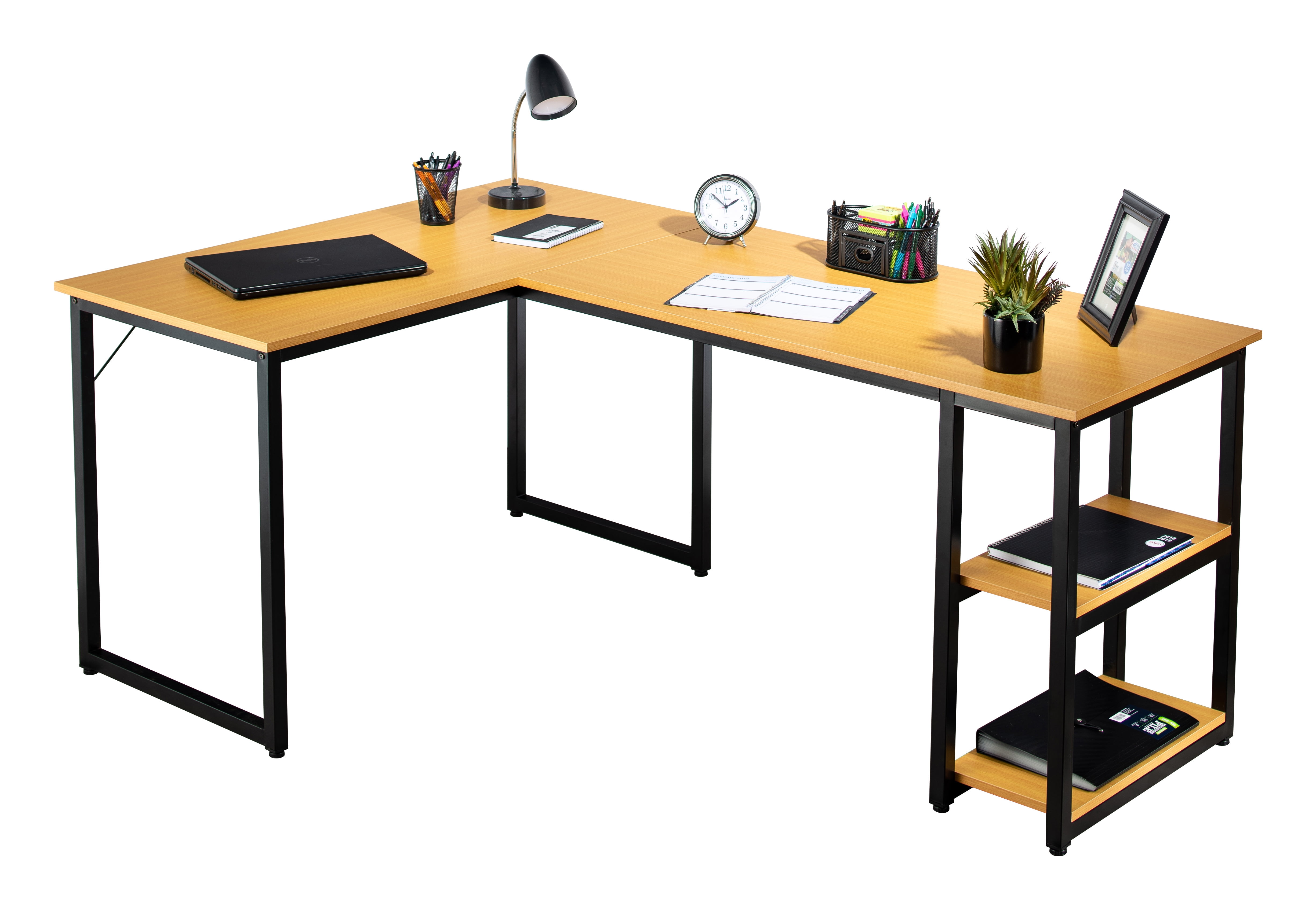 Fineboard Office L Shaped Desk Corner Computer Table With 2 Shelves Beige Black