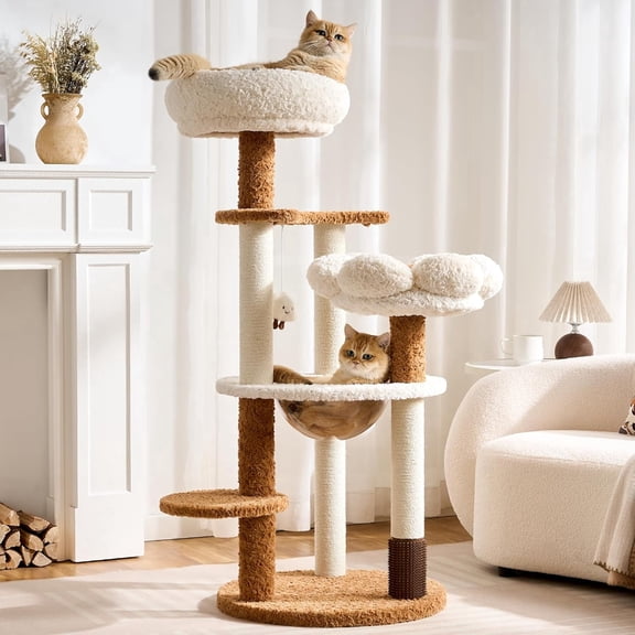 Modern Cat Tree Tower with Scratching Post for Indoor Cats Up tp 15lbs, 50.5" Tall Cat Tree with Flower/Fluffy Cat Beds, Acrylic Capsule, Multi-Level Platforms & Interactive Toy, White & Brown