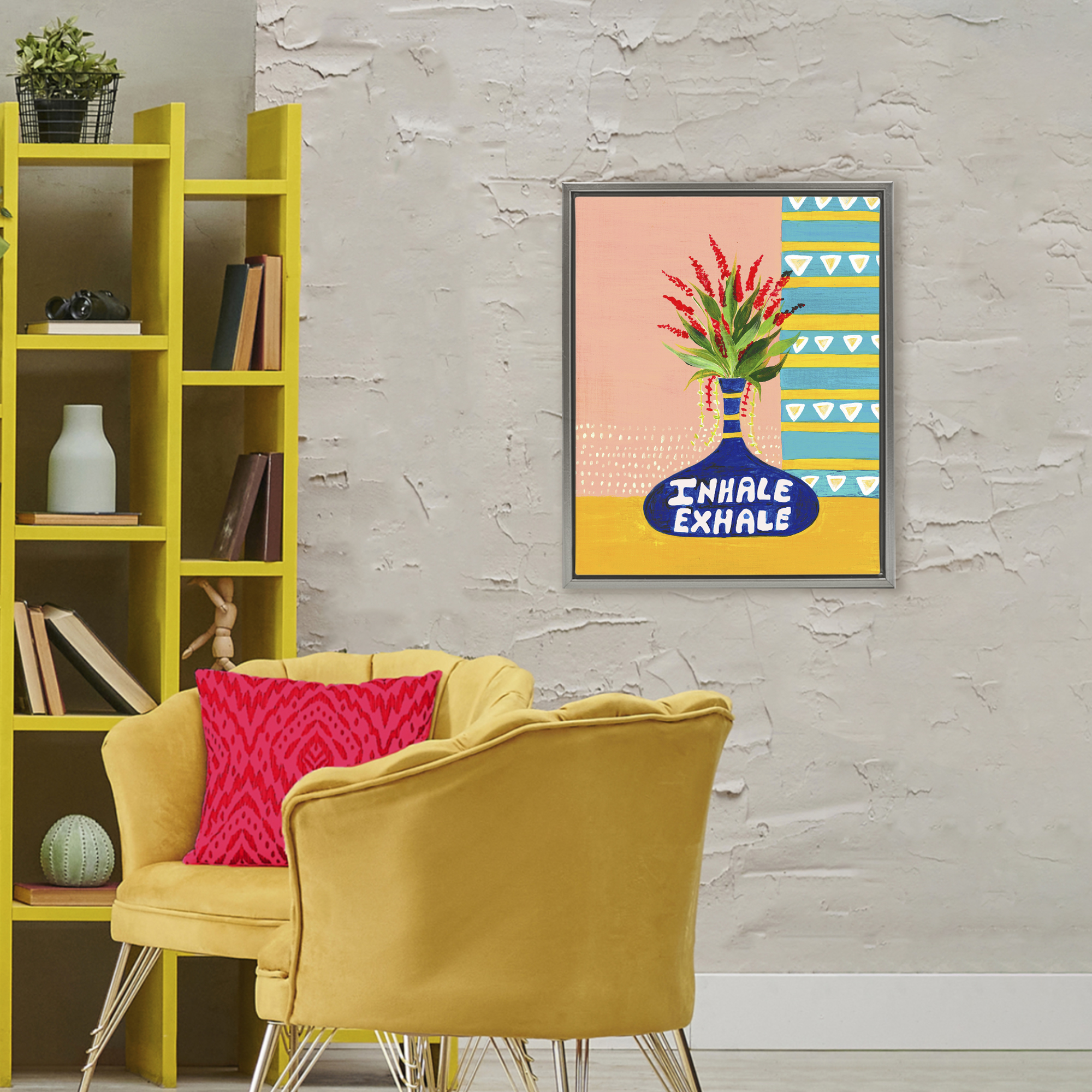Inhale Exhale Flower Vase Gray Framed Floater Canvas Wall Art, design by Nabeela Rumi
