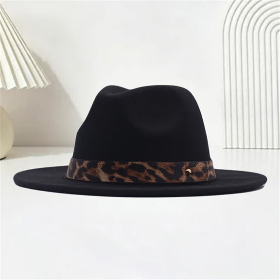 Women's Leopard Print Western Hat, Wide Brim Jazz Bucket Hat with Leopard Print Trim, Stylish Sun Hat for Wedding, Photo Shoot, Music Festival, and Daily Fashion Black
