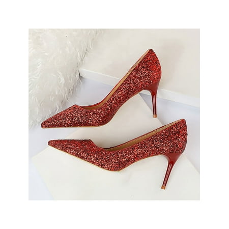 

Gomelly Women Dress Pump Glitter Stiletto Heels Pointy Toe Pumps Casual D’Orsay Shoe Party Night Club Shoes Red 8