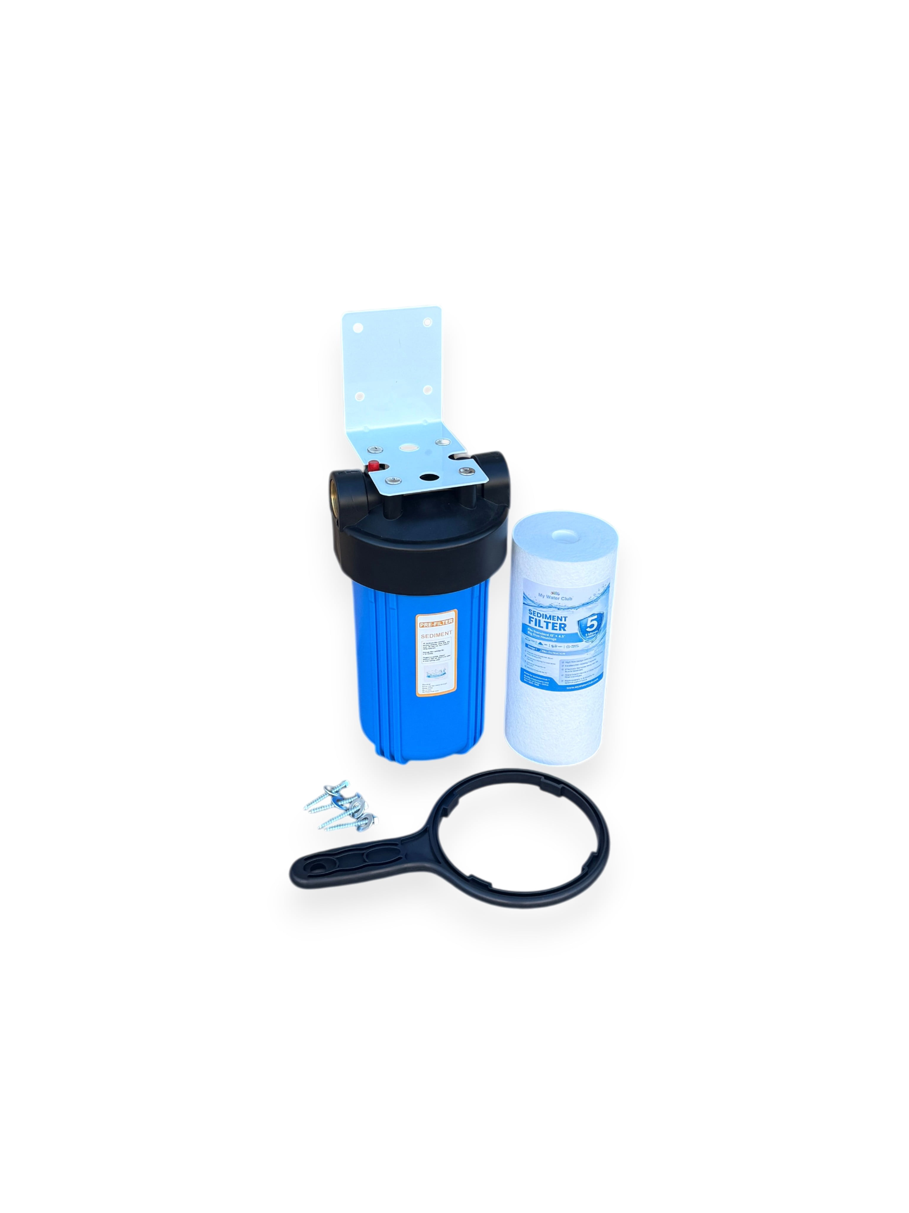 MyWaterClub Single Stage Whole House Water Filtration System – 10" x 4.5" Big Blue Housing, 1" Brass Insert Ports, Includes 5 Micron Sediment Filter, Wrench, Metal Bracket & Mounting Screws