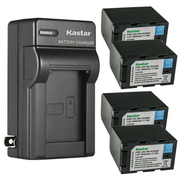Kastar 4-Pack Battery and AC Wall Charger Replacement for JVC BN-VC264G BN-VC296G Battery, JVC AA-VC20 AA-VC20E AA-VC20U Battery Charger, JVC GY-HC500SPC Connected Cam 4K Handheld Camcorder