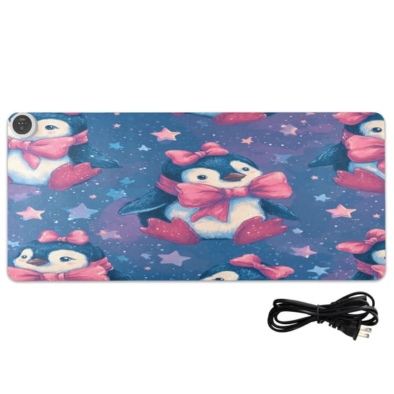 Large Heated Desk Mat Mouse Pad 31.5"x13"PU Leather Graphene Heating Desk Warmer with 3 Temperature Settings 110V US Plug Non-Slip Warm Pad for Home, Office, and Gaming Penguins with Pink Bows
