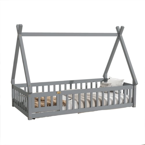 Bellemave Twin Size Floor Bed with Door, Teepee Tent Bed Beds, Twin Montessori Floor Bed with Guardrails, Wood House Bed with Slats, Grey