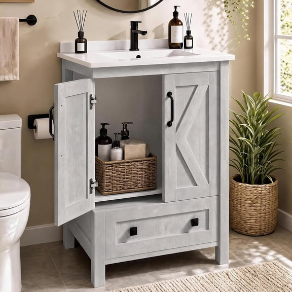YUSAZENS 30 inch Bathroom Vanity with Ceramic Sink – Freestanding Cabinet, 2 Soft-Close Doors & Drawer – Waterproof, Easy Assembly – Cement Gray for Small Bathroom, Powder Room