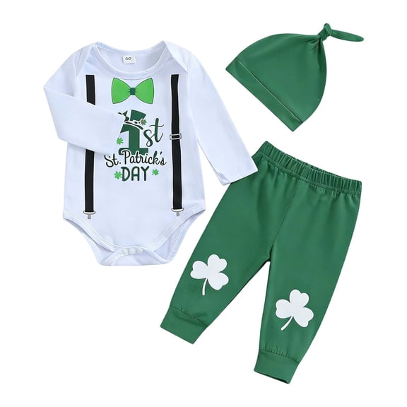 St Patricks Day Alphabet Print Long Sleeve Romper Pants Hat 3 Piece for Toddler Boys Casual Playwear St Patricks Day Crew Neck Long Sleeve Full Length Pants Outfit White 0 Months-3 Months