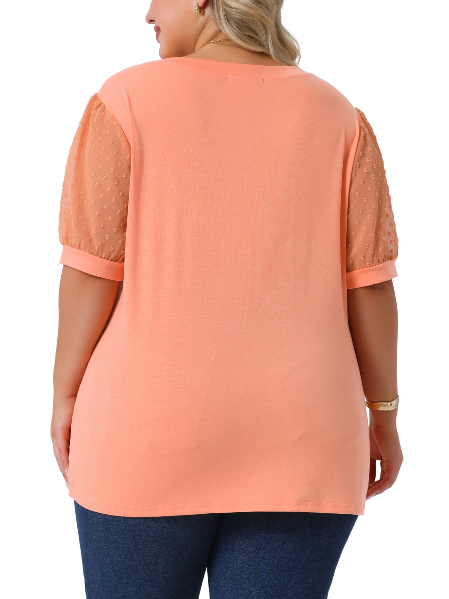 Women's Plus Tops V Neck Swiss Dots Puff Sleeve Casual Blouse Shirt 1X Orange