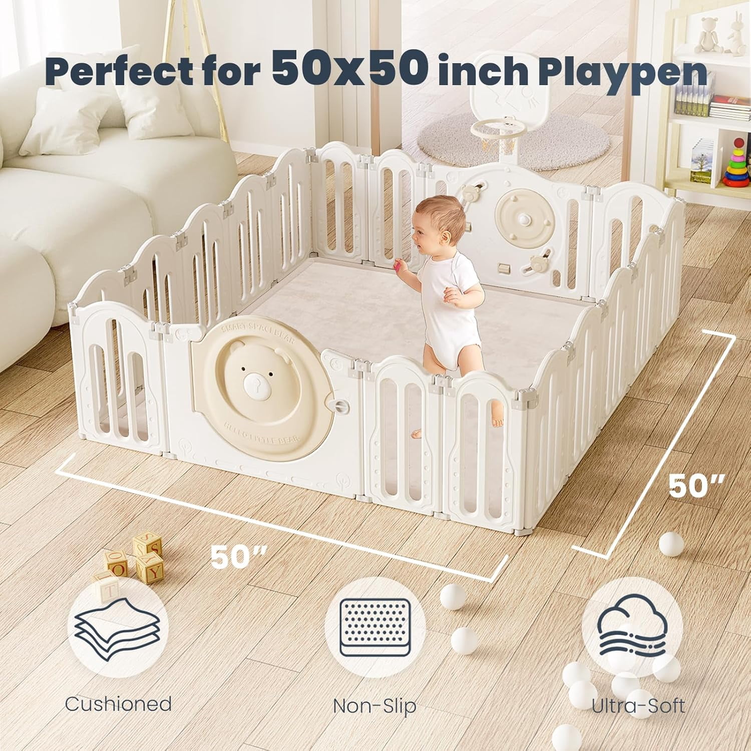 Baby Play Mat for Floor 1.3" Thick Memory Foam 50x50 Soft Velvet Playpen Mat for Kids,Infants,Toddlers,Tummy Time Crawling Mats with Non-Slip Bottom,Yoga,Tatami,Nursery Rug（Beige）