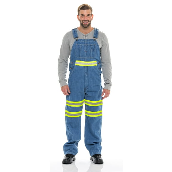NotusWears Men's Hi-vis Bib Overall Denim Heavy-Duty Workwear With Reflective Stripes Multi-Pockets Jeans Dungaree Green Light Blue W30-L30