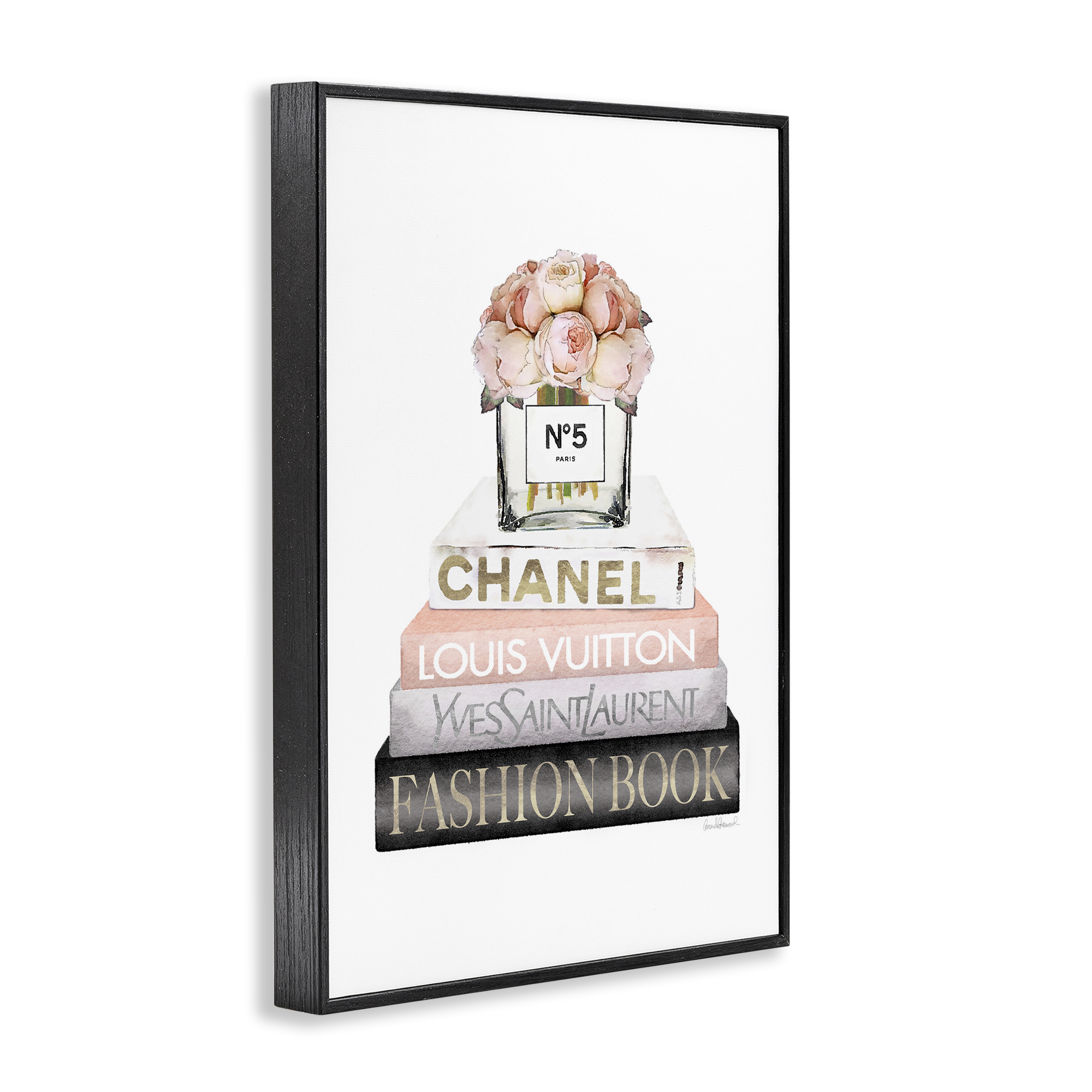 Stupell Industries Fashion Bookstack Peonies Botanical & Floral Painting Black Framed Art Print Wall Art, 12 x 18