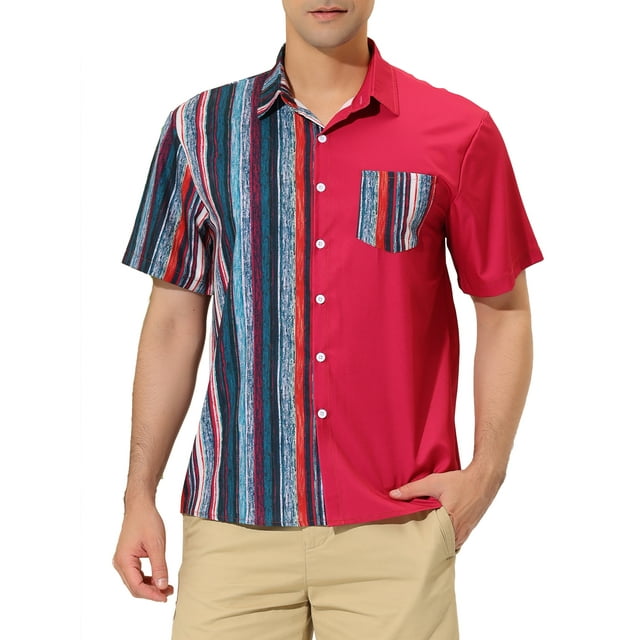 INSPIRE CHIC Men's Summer Striped Patchwork Short Sleeves Shirt L Navy Burgundy