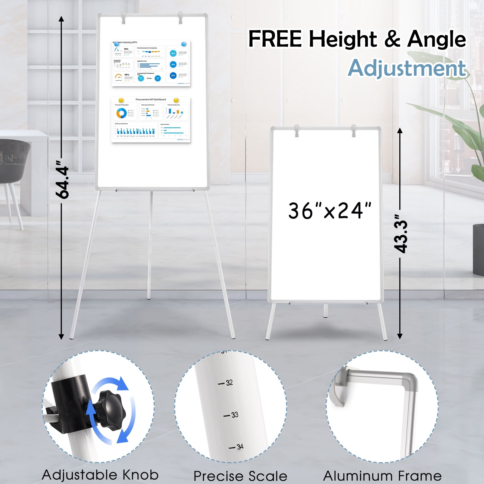 QUEENLINK Easel Whiteboard Magnetic Portable Dry Erase Whiteboard 36 x 24 Tripod Height Adjustable, Flipchart Easel Stand White Board for Office or Teaching at Home & Classroom, Sliver