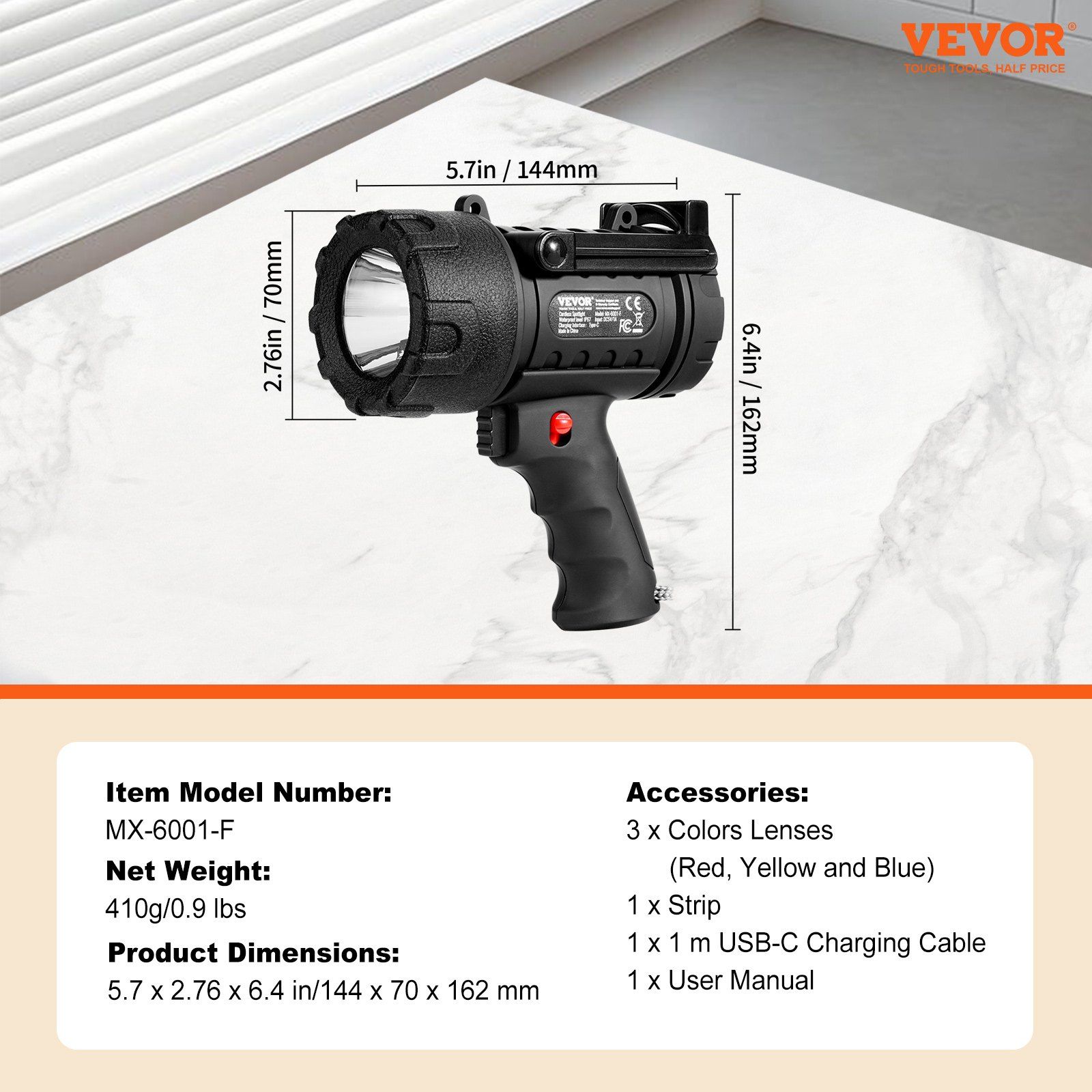 Professional 200000LM USB Rechargeable Spotlight, Super Bright Flashlight with 5000mAh Battery, Long-Range Searchlight for Night Use