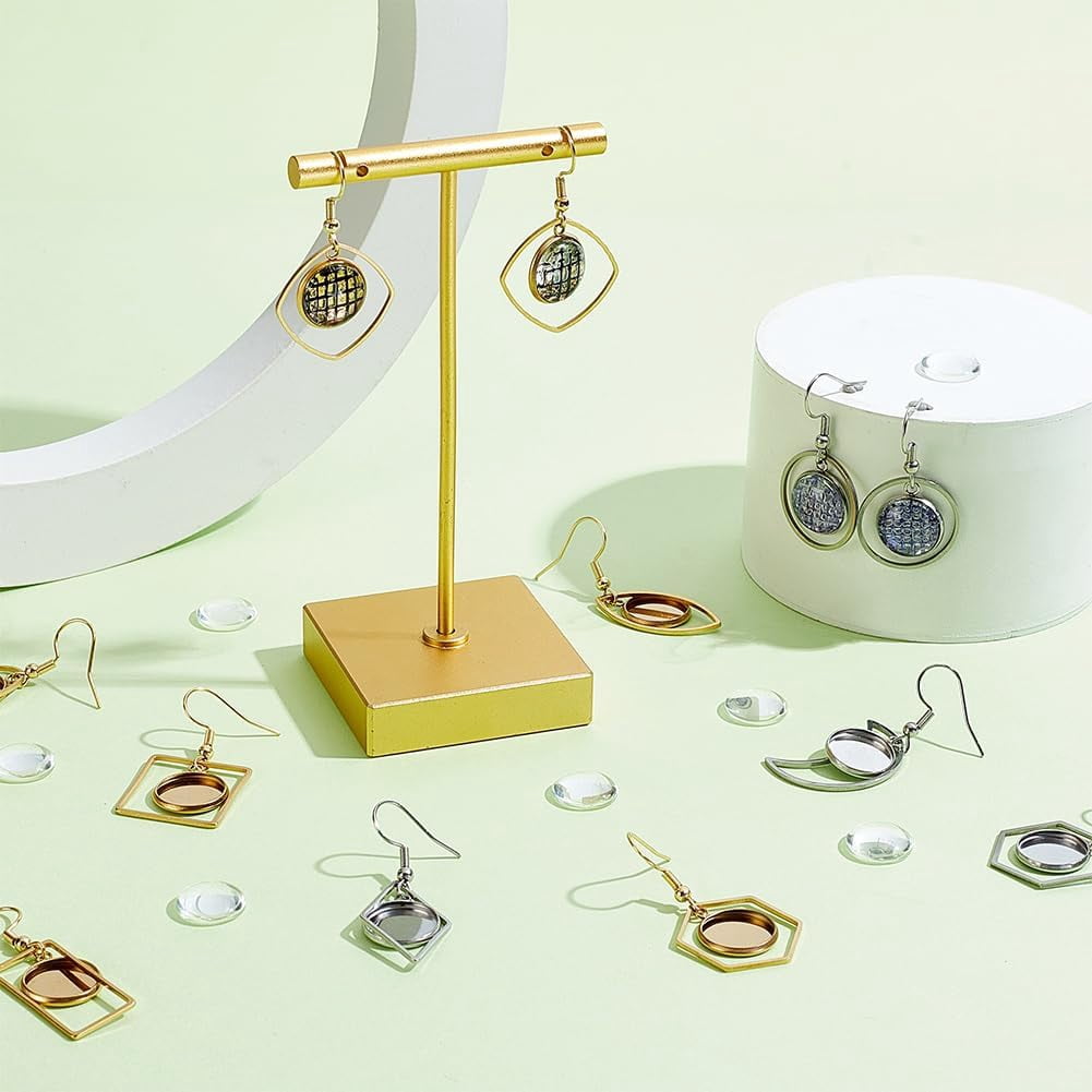 28 Pairs Stainless Steel Earring Blank Settings 14 Styles Stainless Steel Dangle Earring Making Kit with Glass Cabochons 45mm Blanks Pendant with Clear Dome for Jewelry DIY Making
