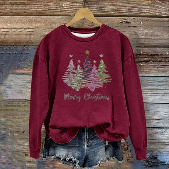 Babysbule Womens Christmas Shirts Clearance Tops Christmas Printed Round Neck Long Sleeved Top Loose Fitting Sweater