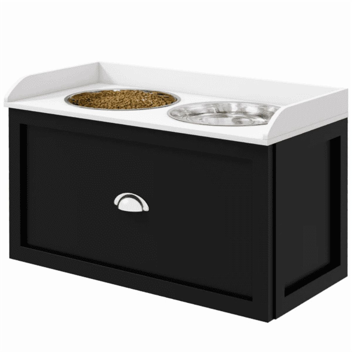 imerelez Elevated Dog Bowl Stand with Storage Drawer, 2 Removable Stainless Steel Bowls, for Large Dogs (Shoulder 19.75"-23.5"), Max Load 33 lbs, White/Black