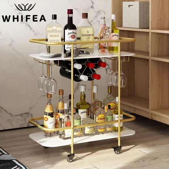 WHIFEA Rolling Bar Cart with Lockable Wheels – Home Bar Serving Cart for Kitchen, Dining Room, or Party Use, Sleek and Functional Serving Trolley with Storage, Golden