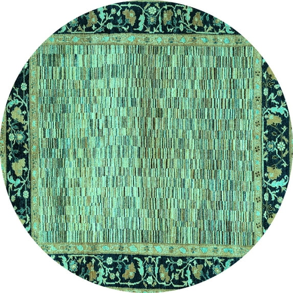 Ahgly Company Machine Washable Indoor Round Oriental Turquoise Blue Modern Area Rugs, 4' Round