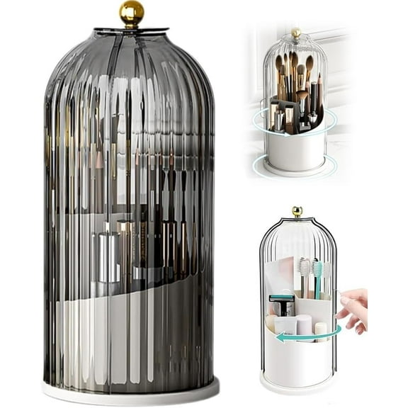 Sliding Lid Toothbrush Holder with Cover, Concealed Toothbrush Holder for Tooth Brush Makeup, 360 Rotating Dustproof Rotating Makeup Organizer for Vanity Desktop Bathroom Countertop(Gray)