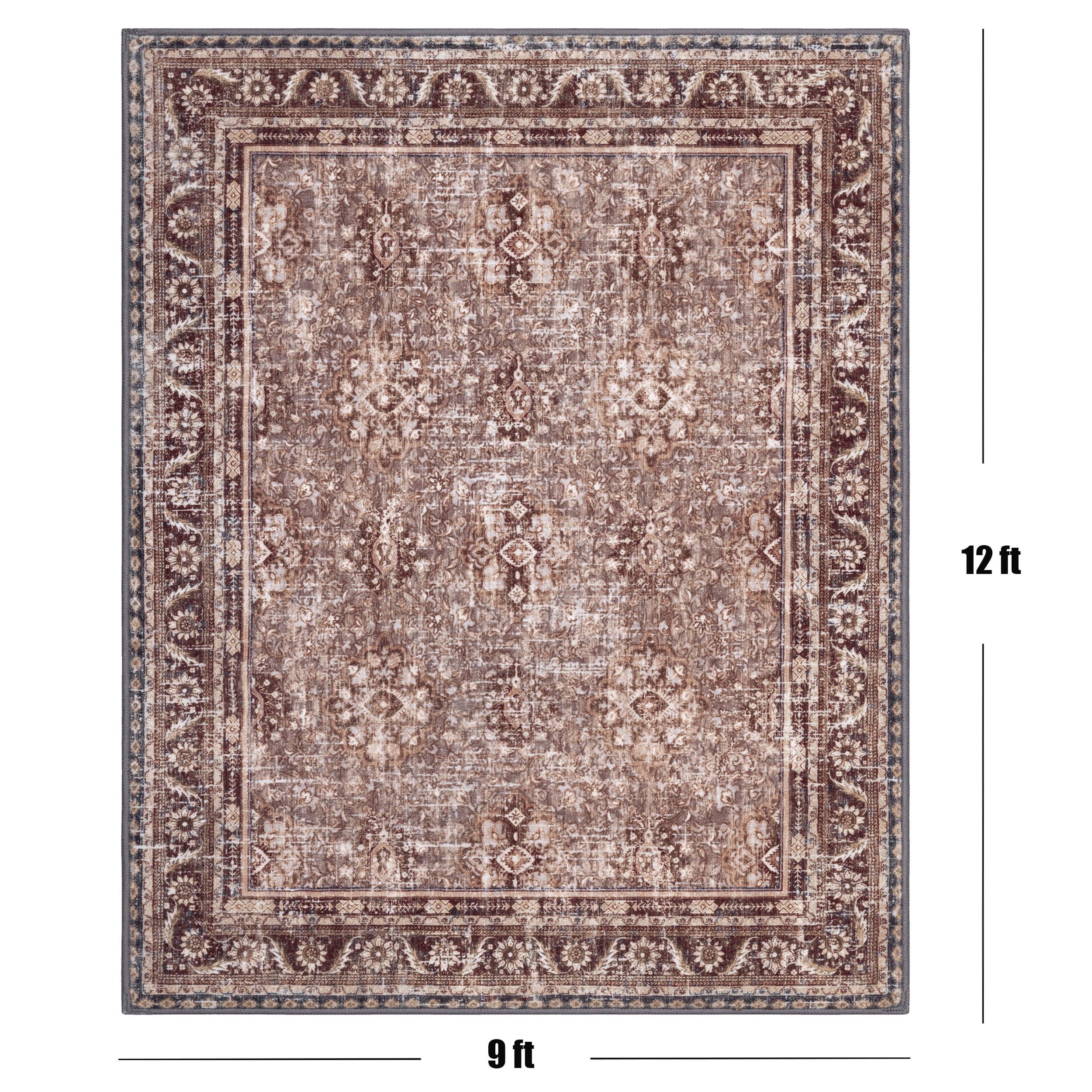 ARJINCUTE Distressed Vintage Low Pile Area Rugs 9'x12', Non-Slips Machine Washable Traditional Farmhouse Floor Carpet, Brown