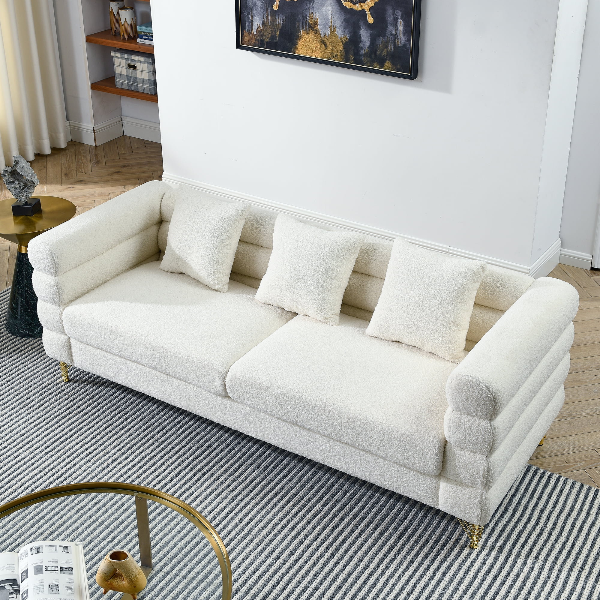 Kadyn 81" Loveseat 3 Seater Sectional Sofa, Fabric Sofa with 3 Pillows, Upholstered Sofa Couch for Living Room, White Teddy