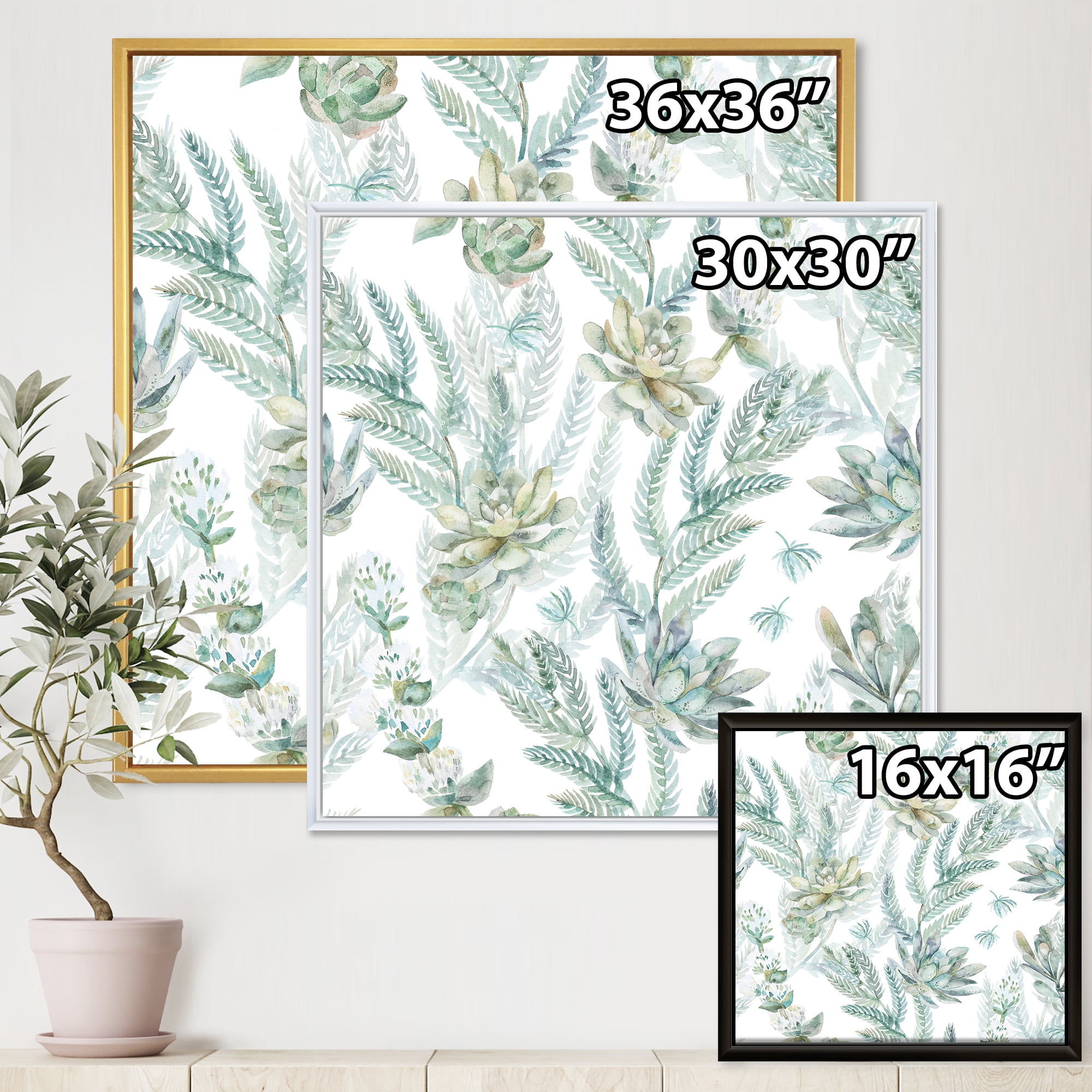Designart 'Floral Seamless Pattern Succulents and Ferns Thorns' Farmhouse Framed Canvas Wall Art Print