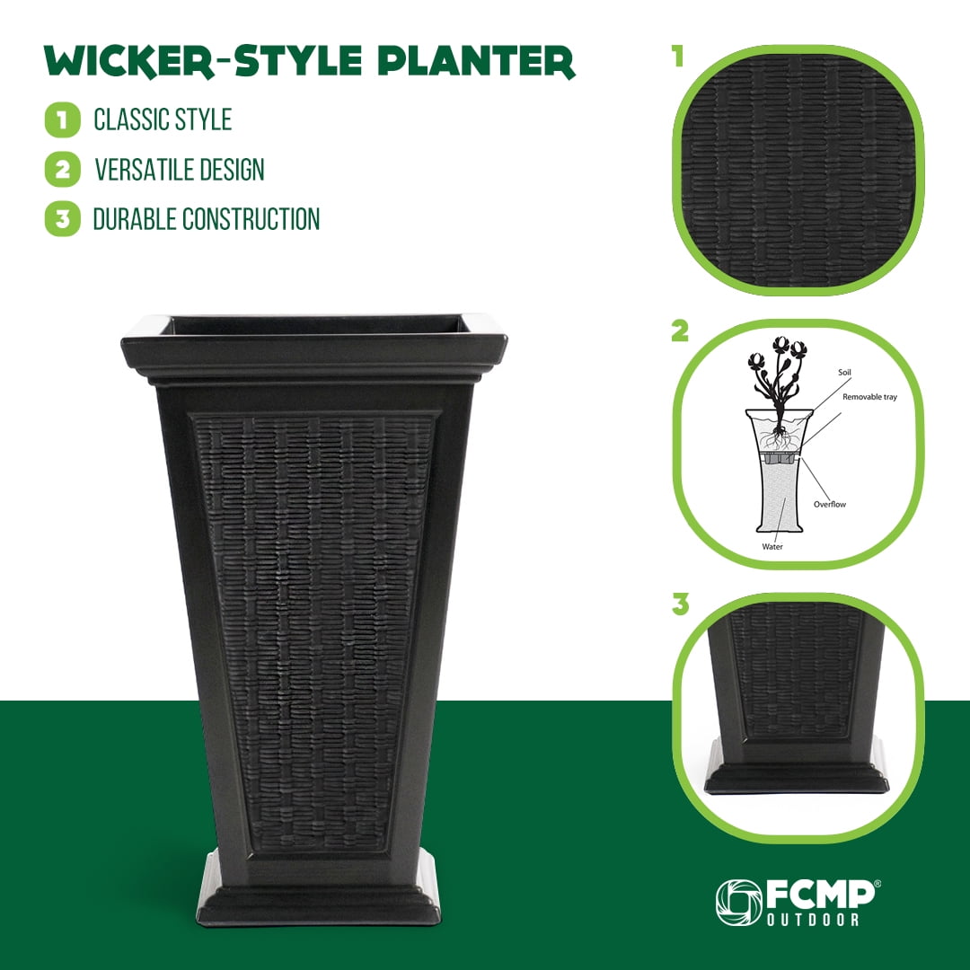 FCMP Outdoor MOD-WP3000 Wicker-Pattern Resin 24" Tall Indoor/Outdoor Self-Watering Pedestal Taper Planter, Black, 2 Pack