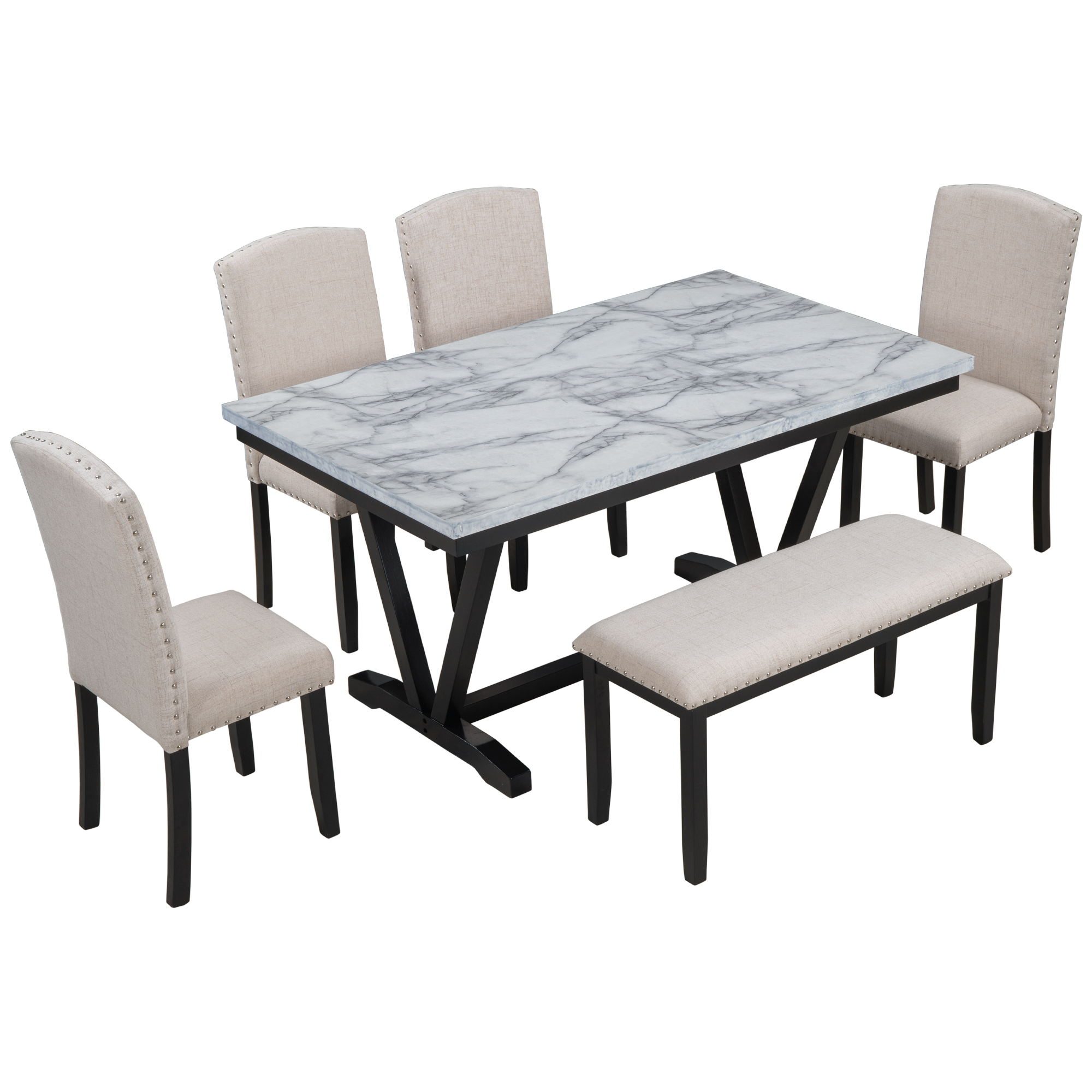 Euroco 6-Piece Dining Table Set for 6, 60" Modern Kitchen Table with 4 Upholstered Chairs & 1 Bench, Wood Dining Set with V-Shaped Table Legs for Kitchen, White