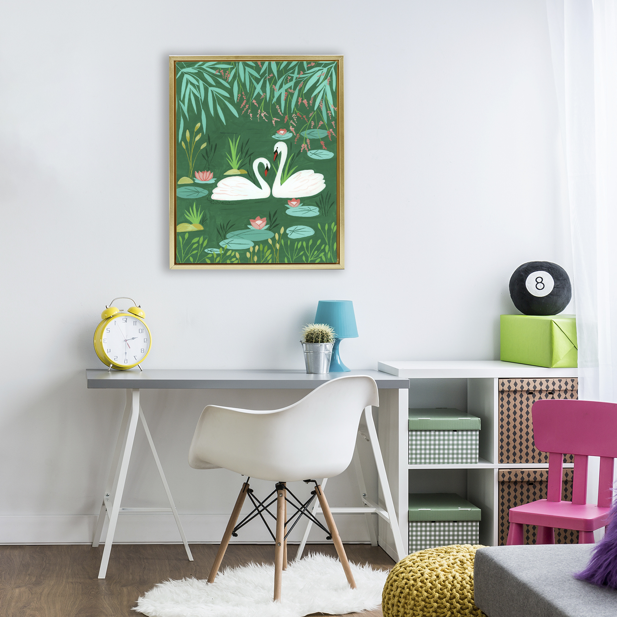 Swan Pair on Green Pond Gold Framed Floater Canvas Wall Art, design by Nabeela Rumi