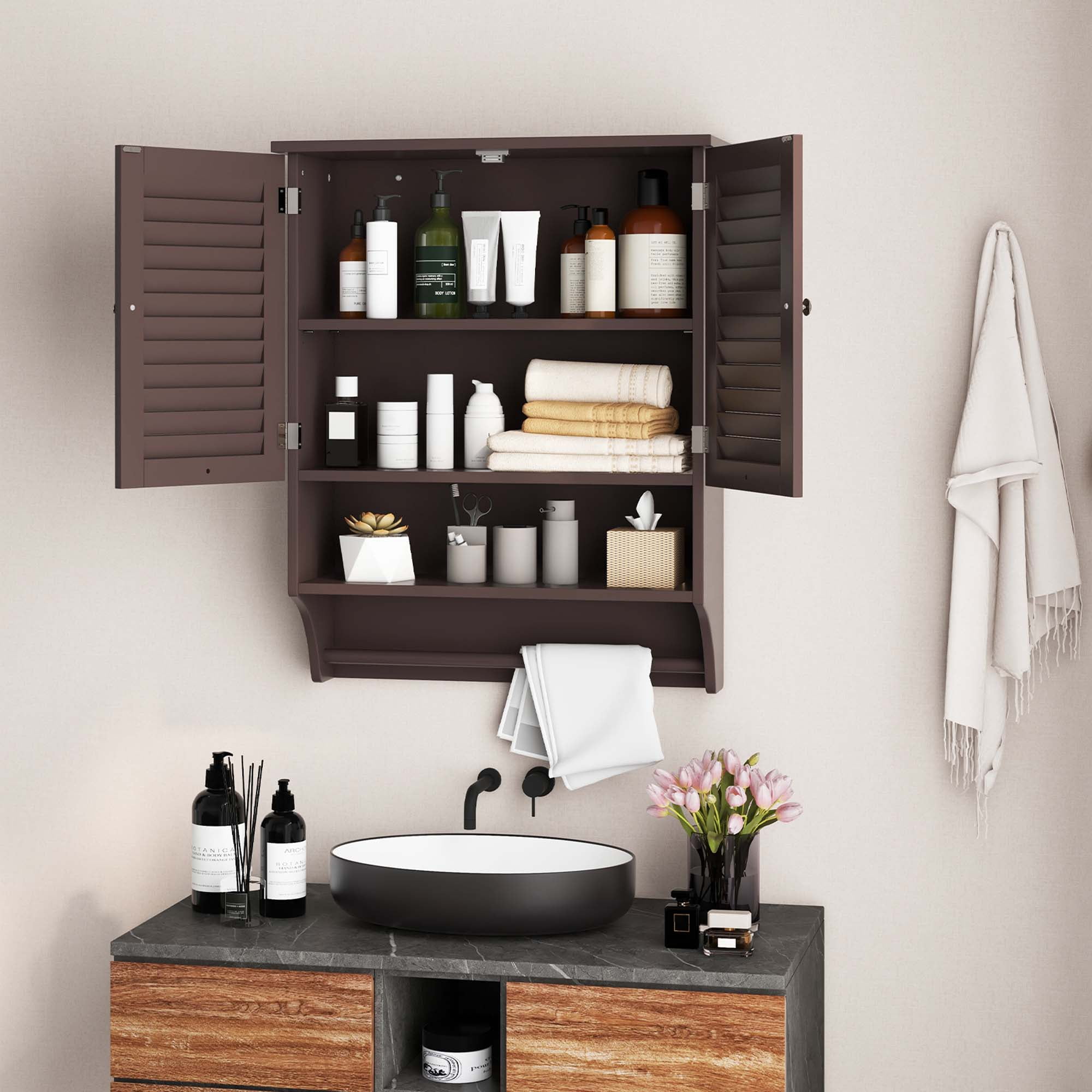 Costway Bathroom Wall Mounted Medicine Cabinet with Louvered Doors & Towel Bar Espresso