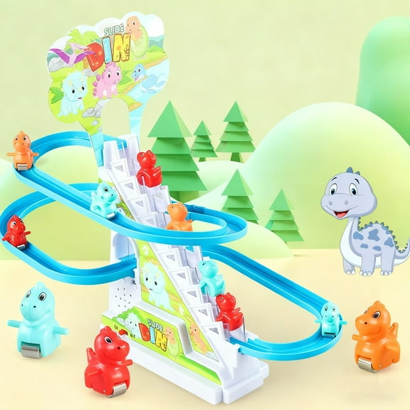 syligr Automatic Climbing Stairs Track Toy for Kids Ages 3-6 Electric Sliding Rail Car Toys 3 Pcs Dinosaur Pig Duck Theme Plastic Material 10.2x9.5x5.5 Inch Battery Powered Educational Gift