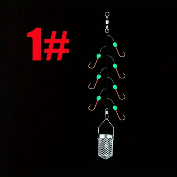 1 set of luminous multi-hook fishing gear with green fluorescent beads, stainless steel single-hook iron bait cage - essential for anti-corrosion night fishing, available in multiple sizes, lighting d