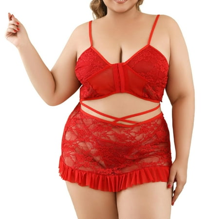 Yuhangmm Womens Plus Size Lingerie Lace Chemise Sexy Mesh Sleepwear Deep V Teddy Nightdress For Sexy Lingerie for Women with Push up Bra