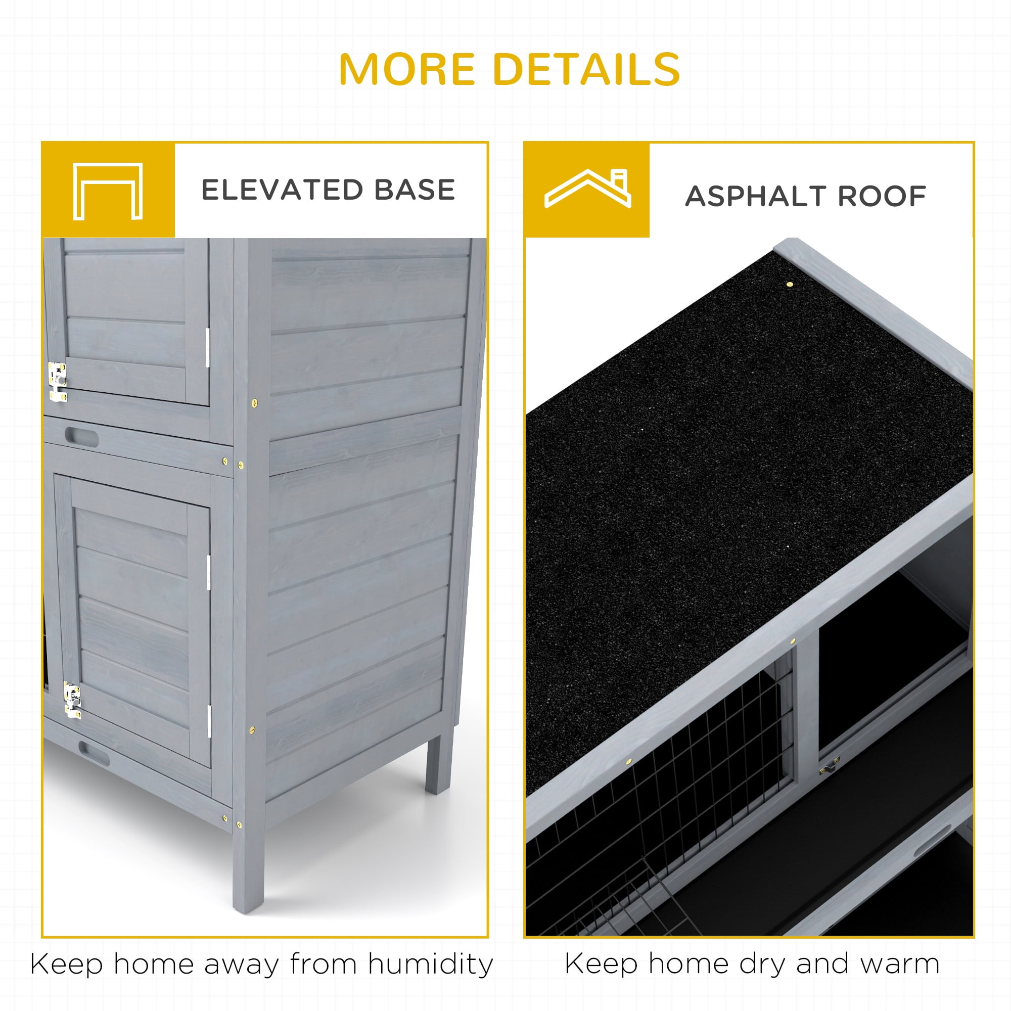 PawHut 54" 2-Story Large Rabbit Hutch Bunny Cage Wooden Pet House Small Animal Habitat with Lockable Doors, No Leak Tray and waterproof Roof for Outdoor/Indoor Grey